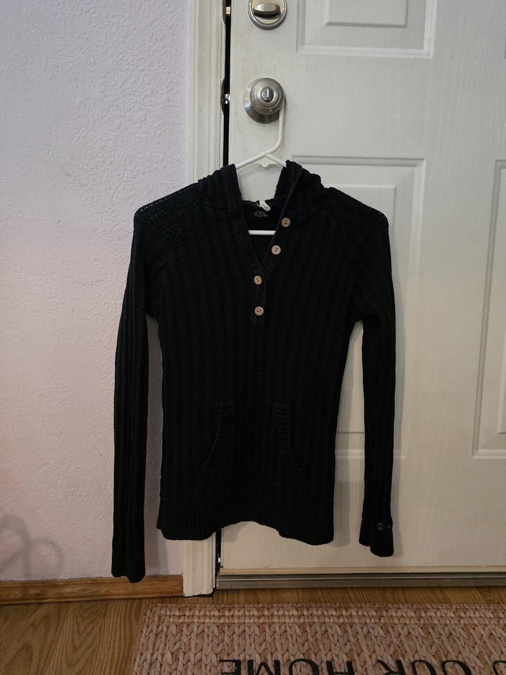 O'Neill Black Small Hooded Knit Sweater with Button Placket